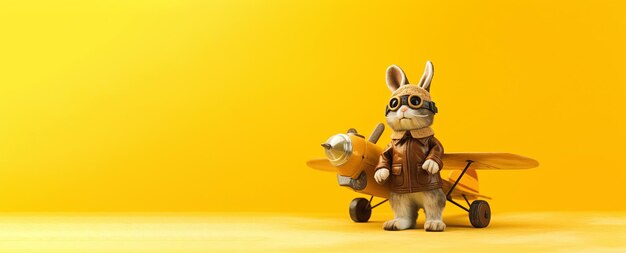 Rabbit pilot over yellow background panoramic layout generative ai