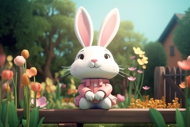 A rabbit in a pink jacket sits on a bench in a garden.