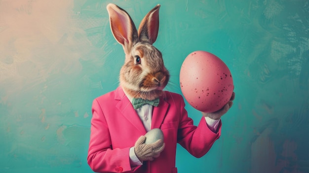 Rabbit in Pink Suit Holding Egg