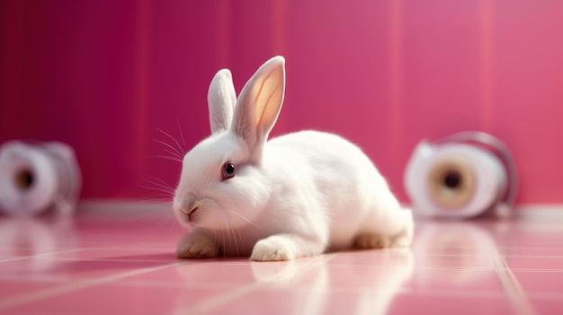 A rabbit on a pink tile floor