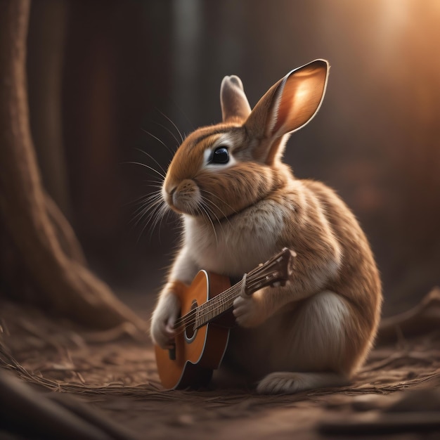 A rabbit playing a guitar in a forest