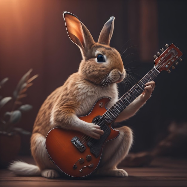 A rabbit playing a guitar is shown in this illustration.