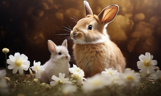 a rabbit and a rabbit are sitting in a bed with flowers