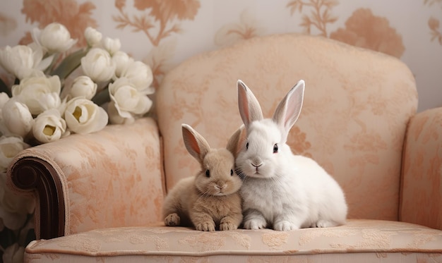 Photo a rabbit and a rabbit on a couch with flowers in the background