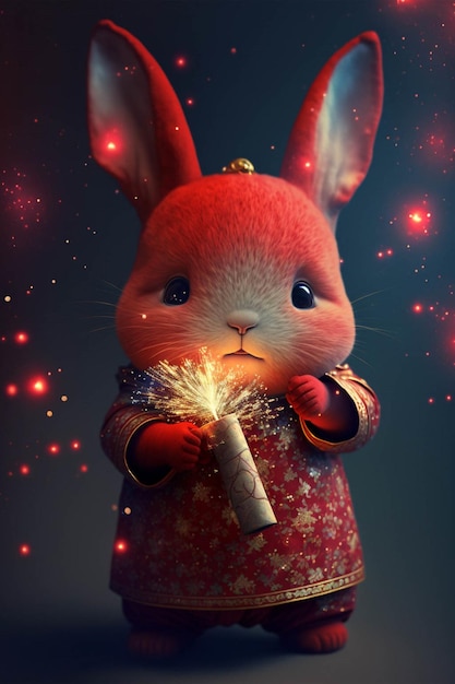 Rabbit in a red dress holding a sparkler generative ai