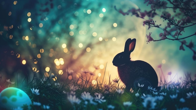 A rabbit resting in the grass beside an easter egg in a natural landscape aige