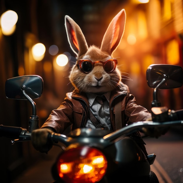 ウサギは夕方の街をスクーターで走る イースターの夕方 友達と会う ユーモアのポストカード