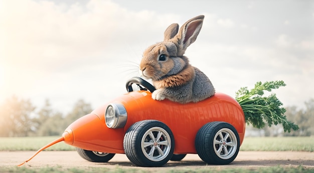 Photo a rabbit riding a carrot with car wheels