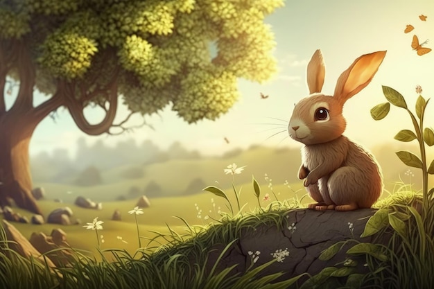 A rabbit on a rock in a field