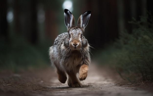 Photo a rabbit runs on a path in the woods.