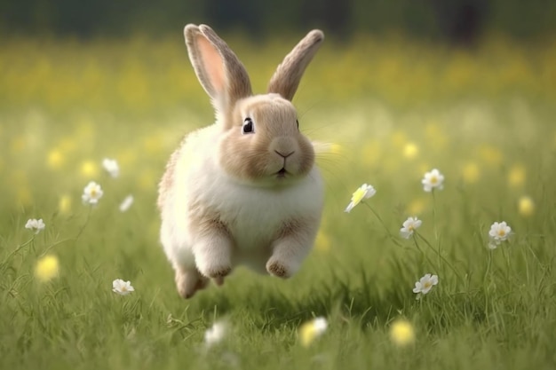 A rabbit runs through a field of daisies.