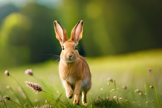 A rabbit runs through a field of flowers.