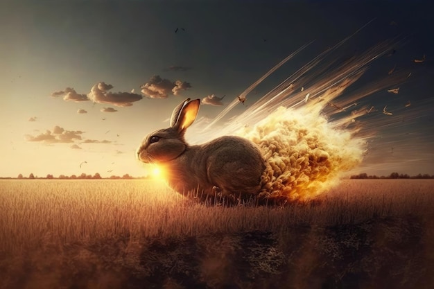 A rabbit runs through a field with a sky background