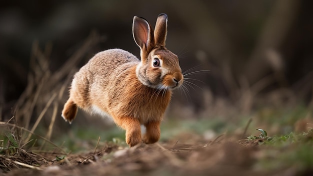 A rabbit runs through a forest.
