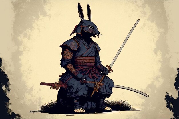 Rabbit samurai in traditional drawing style Japanese styled art with hare warrior in kimonoRabbit samurai in traditional drawing style Japanese styled art with hare warrior in kimono Generated AI