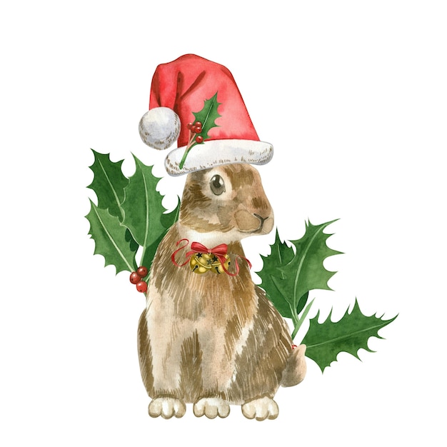 A rabbit in a Santa hat with a bow All elements are handpainted in watercolor