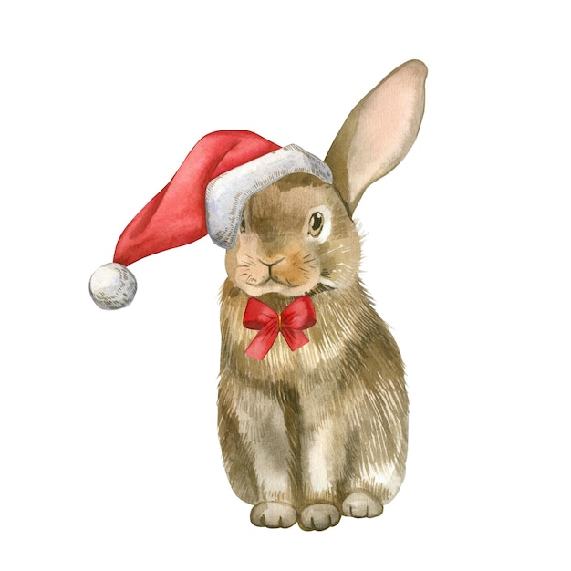 A rabbit in a Santa hat with a bow handpainted in watercolor and isolated on a white background