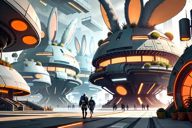 Rabbit science fiction city base future technology development concept style wallpaper background