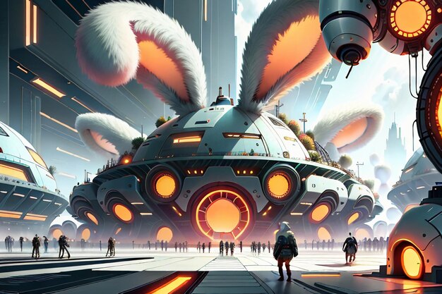 Rabbit science fiction city base future technology development concept style wallpaper background