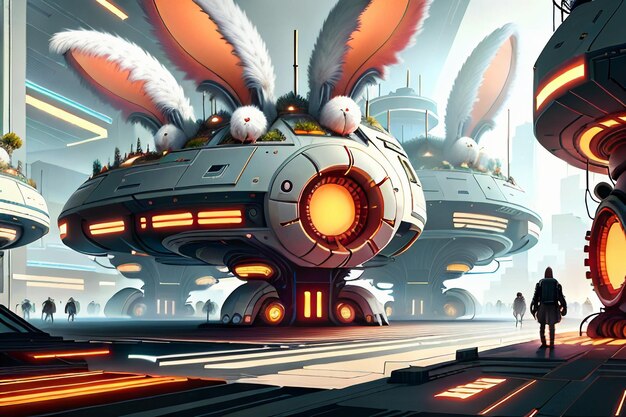 Rabbit science fiction city base future technology development concept style wallpaper background