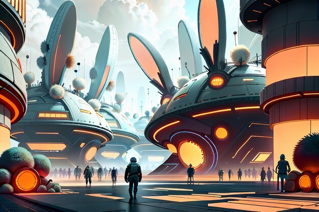 Rabbit science fiction city base future technology development concept style wallpaper background