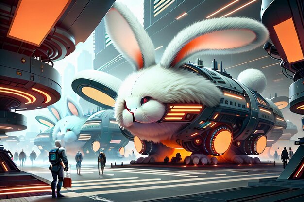 Rabbit science fiction city base future technology development concept style wallpaper background