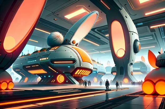 Rabbit science fiction city base future technology development concept style wallpaper background