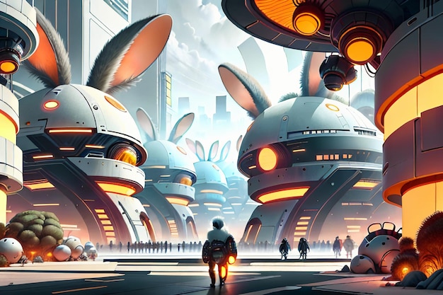 Фото Кролик научная фантастика городская база будущее развитие технологий концепция стиль обои фон