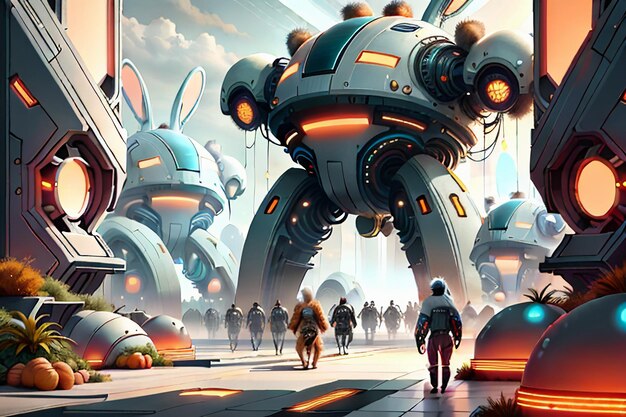 Photo rabbit science fiction city base future technology development concept style wallpaper background