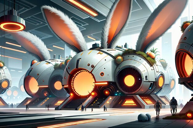 Rabbit science fiction city base future technology development concept style wallpaper background