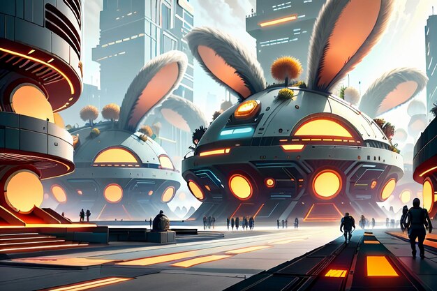Rabbit science fiction city base future technology development concept style wallpaper background