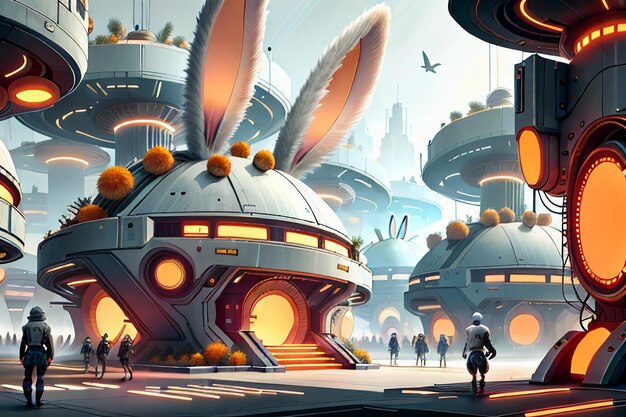 Rabbit science fiction city base future technology development concept style wallpaper background