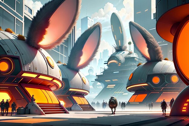 Rabbit science fiction city base future technology development concept style wallpaper background