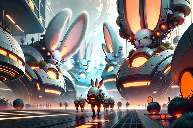 Rabbit science fiction city base future technology development concept style wallpaper background