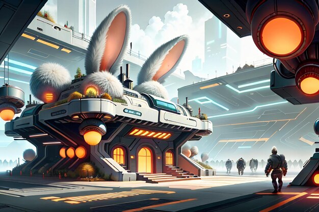 Photo rabbit science fiction city base future technology development concept style wallpaper background