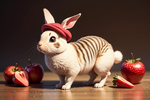 Foto un coniglio siede tra angurie, mele e fragole e gusta il cibo delizioso