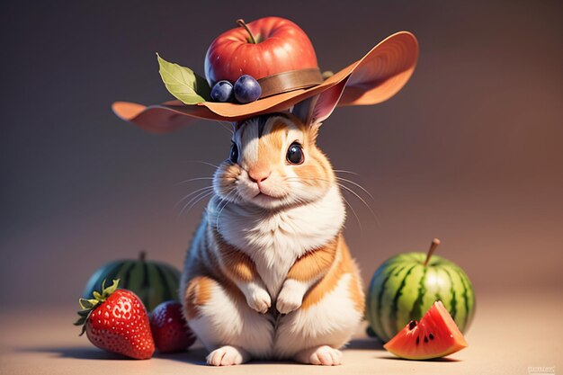 A rabbit sits among watermelon apple and strawberry and enjoys delicious food