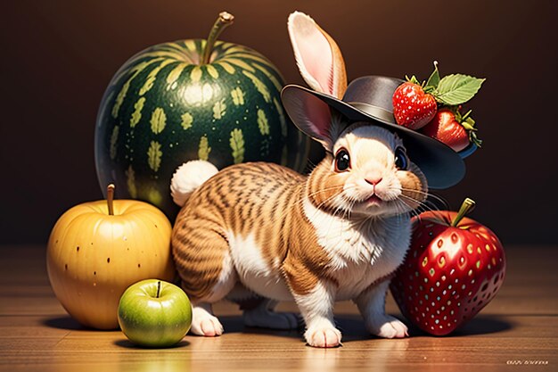 A rabbit sits among watermelon apple and strawberry and enjoys delicious food