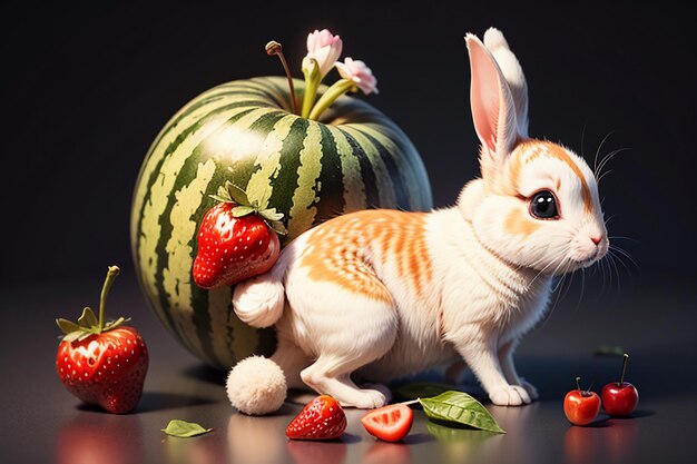 A rabbit sits among watermelon apple and strawberry and enjoys delicious food