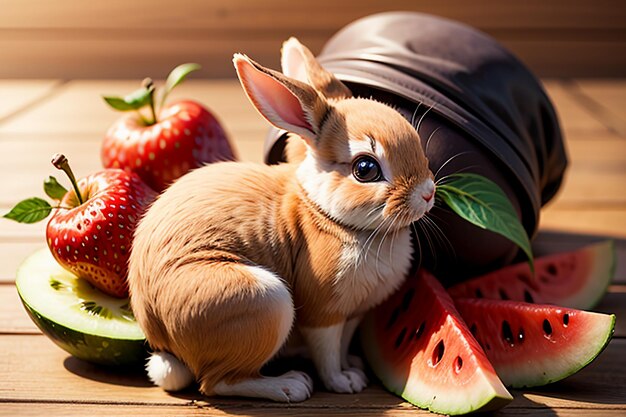 A rabbit sits among watermelon apple and strawberry and enjoys delicious food