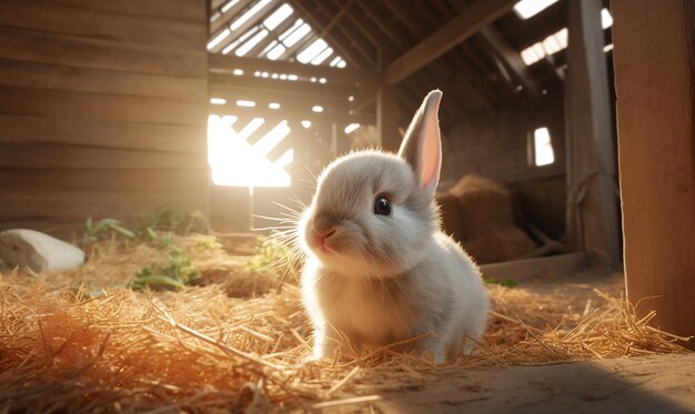 a rabbit sits in a barn with the sun shining on it