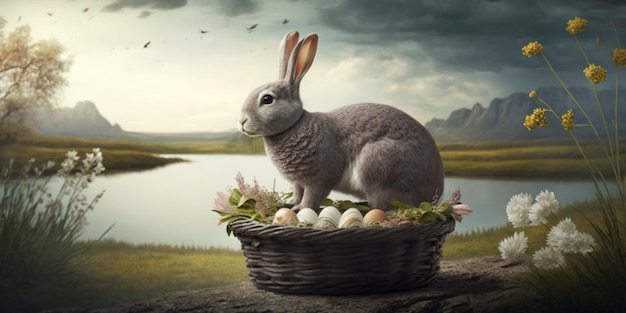 A rabbit sits in a basket with eggs on it.