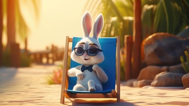 A rabbit sits in a beach chair in a beach chair.