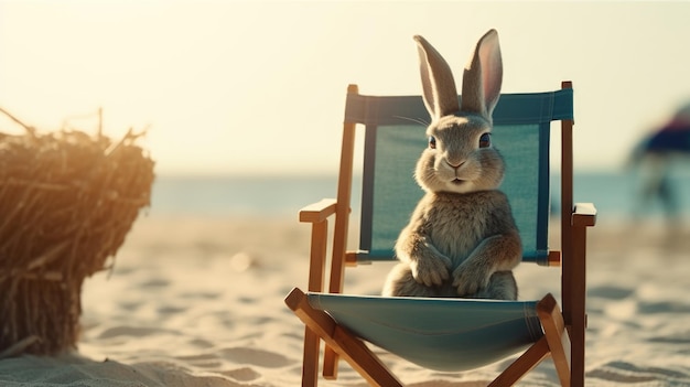 A rabbit sits in a beach chair on a beach.