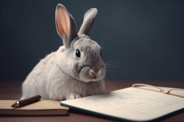 A rabbit sits at a desk and reads a book.