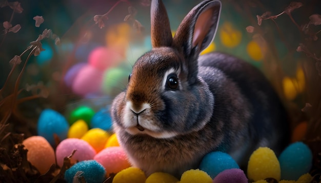 A rabbit sits among easter eggs in a colorful background