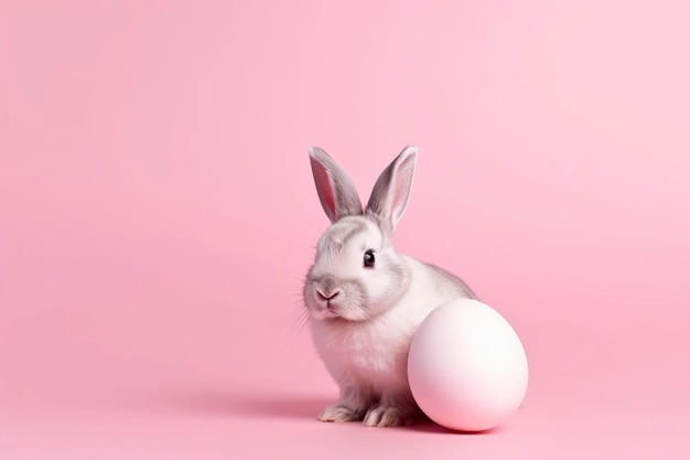 A rabbit sits next to an egg on a pink background.