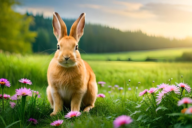 A rabbit sits in a field of flowers.