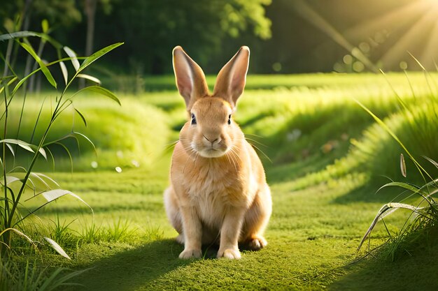 A rabbit sits in a field with the sun shining on it.