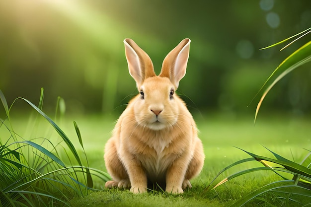 Кролик сидит в поле, на него светит солнце.